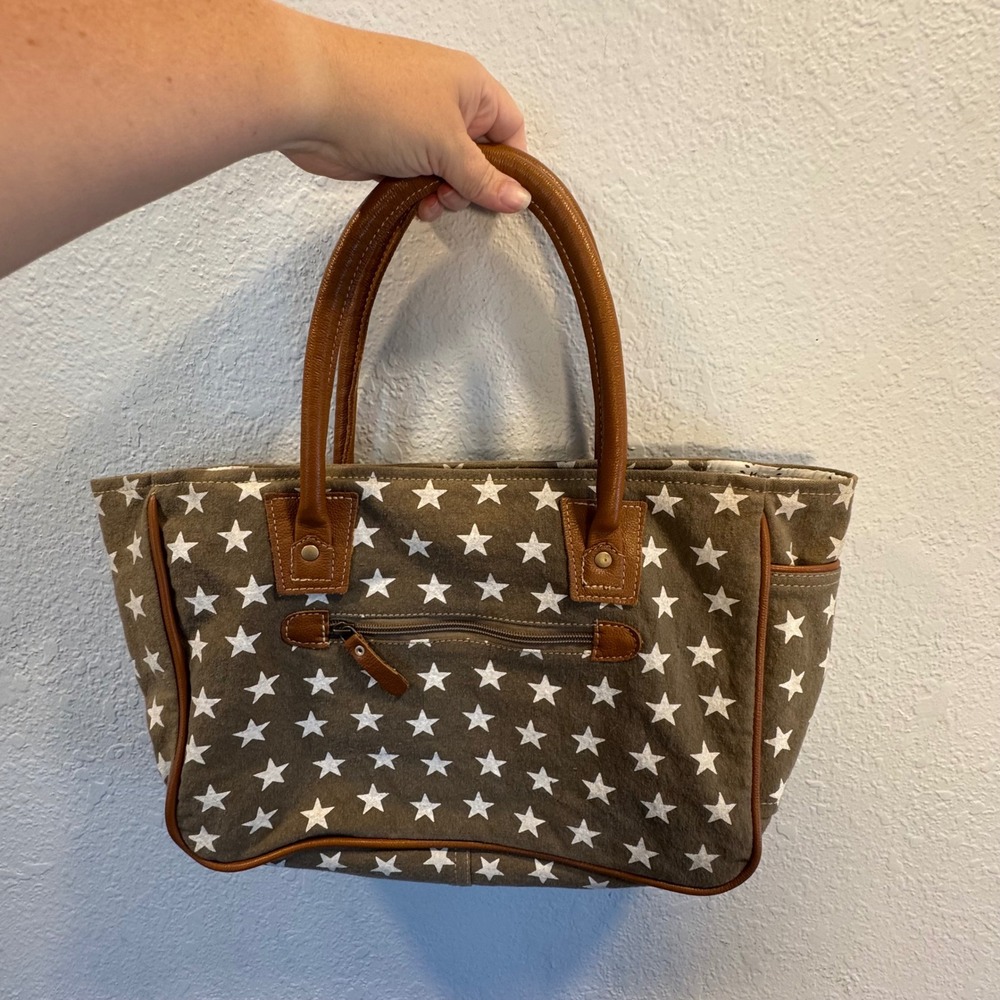 Myra Bag Brown Star Print Canvas Leather Trim Tote Bag Western Small Travel Bag